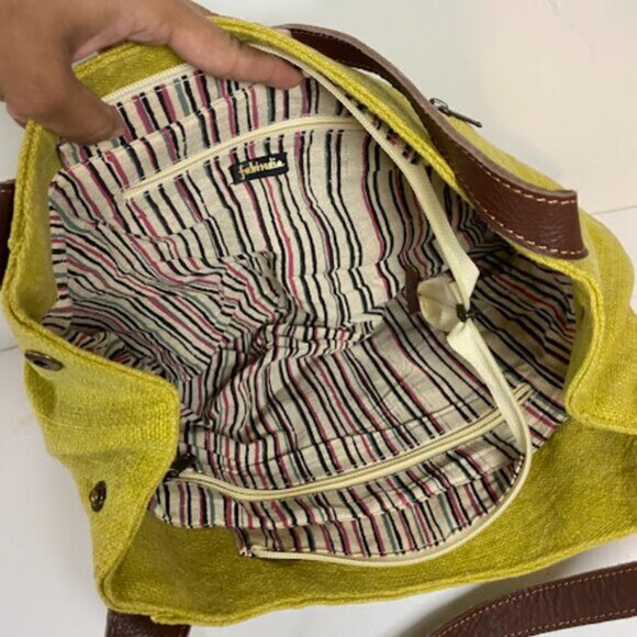Fabindia Women's Lime Green Dark Brown Shoulder Bag Hobo Bag Tote Medium - Picture 6 of 7